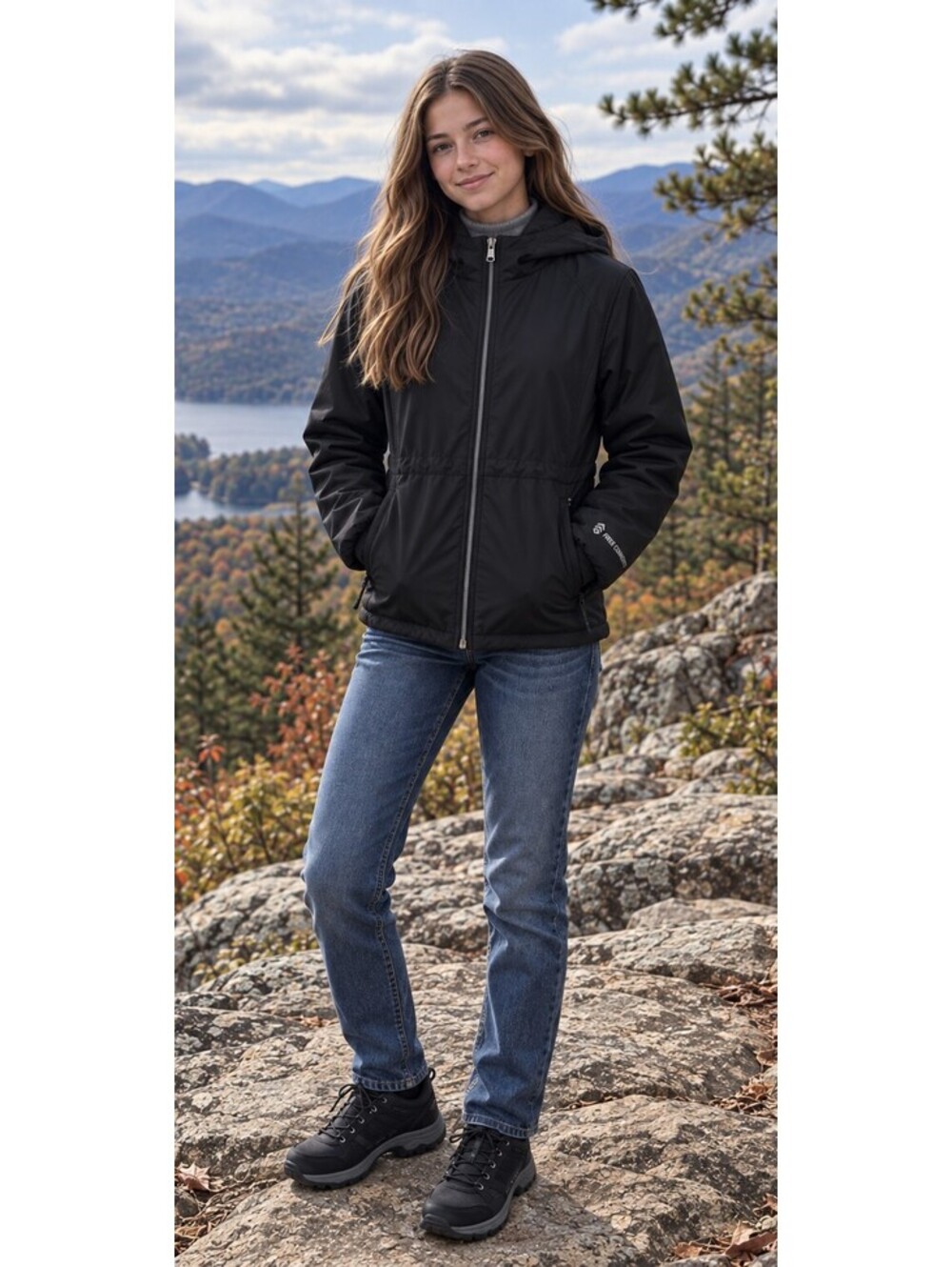 NWT Free Country Cozy Girls L 14 Windshear Jacket Black Hood Faux Fur Lining
